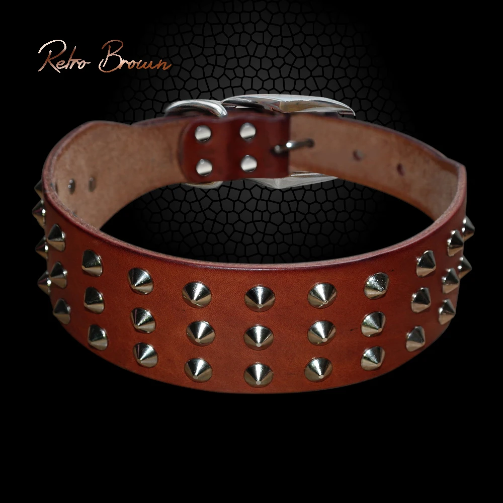 Collar de perro de cuero genuino para perros grandes, remaches geniales, Collar de mascota con pinchos y tachuelas para Pitbull Mastiff Boxer XS S M L negro marrón - imagen 3