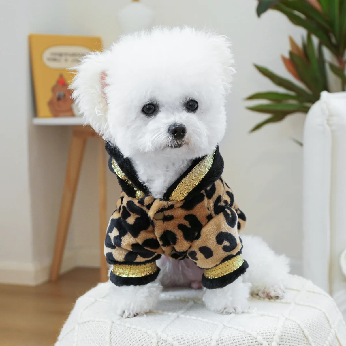 Abrigos cálidos de lana para perros pequeños, sudaderas con capucha para cachorros, disfraz de Halloween de leopardo dorado, ropa para mascotas, disfraz de Chihuahua, Invierno - imagen 4