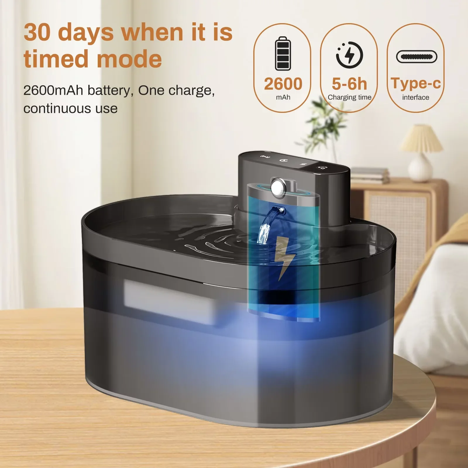 Dispensador de agua para mascotas inalámbrico automático de 2,2 L, dispensador de fuente interior recargable para gatos con Sensor infrarrojo de 2600mAh para perros - imagen 4