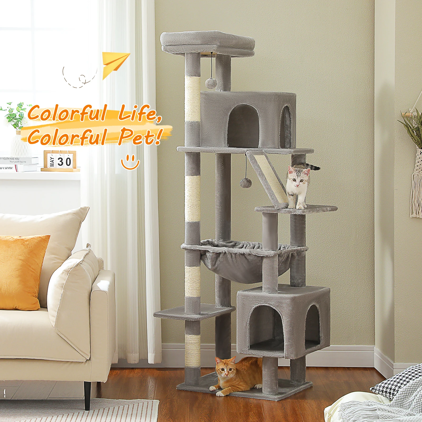 Árbol para gatos de varios niveles con 2 acogedores condominios, poste rascador de sisal, hamaca grande, torre de gato alta de lujo para gatos grandes, rascadora para gato, cama casa para gatos, juguetes para gatos - imagen 4