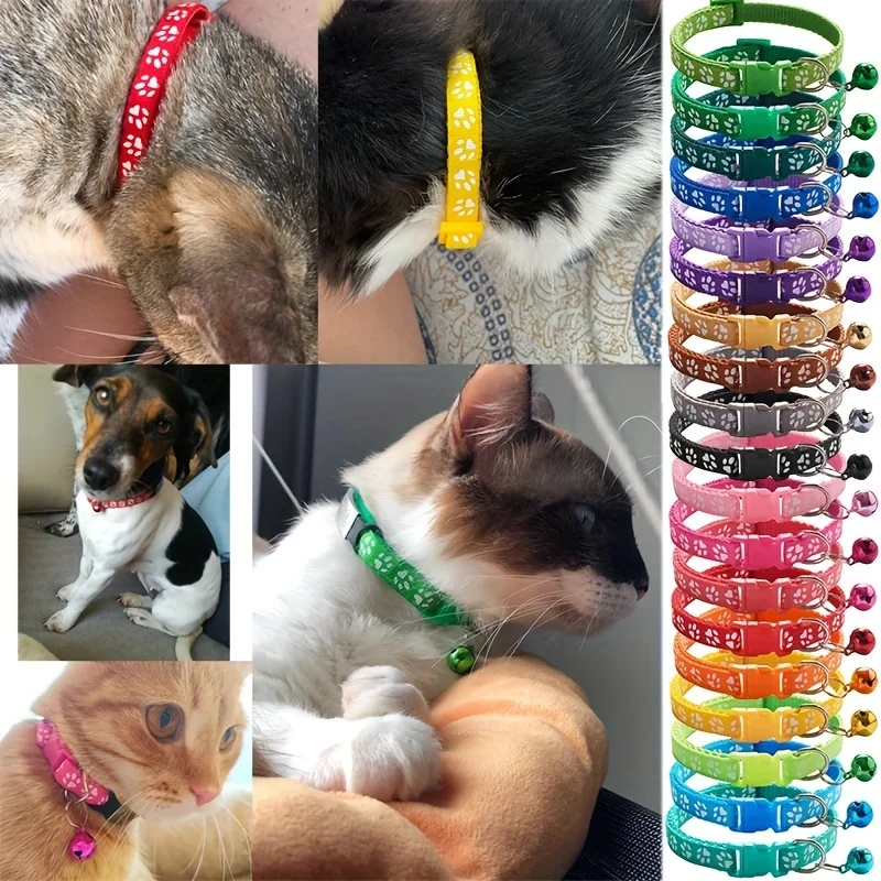 Venta al por mayor, 10 Uds., Collar para gatos con patrón colorido, collares ajustables con campana bonita para gatos, gatitos, Collar con anillo DIY, accesorios para mascotas - imagen 3