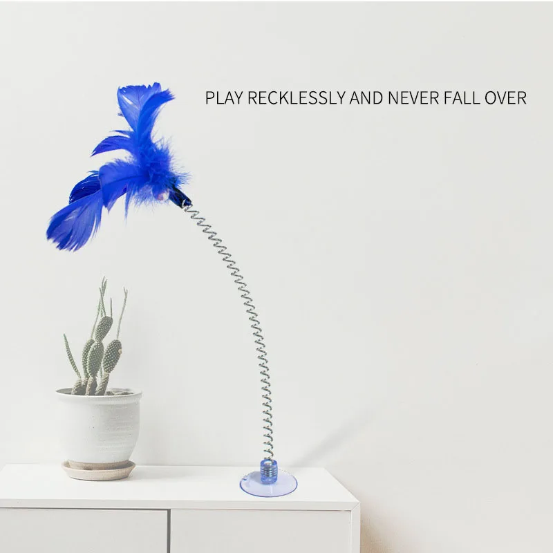 Juguetes de pluma para gatos, ventosa interactiva para morder, rascar, juguete con campana, resorte Flexible, palo, suministros para mascotas - imagen 4