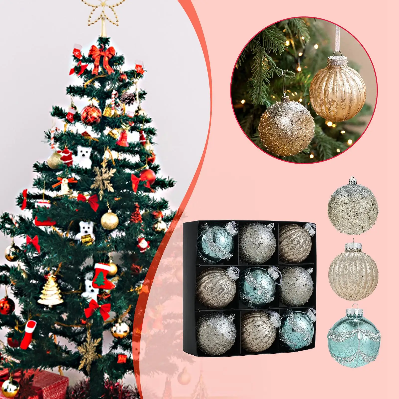9x adornos de bolas de Navidad con purpurina, decoración colgante de Navidad, centro de mesa de 3 pulgadas para ventana, hogar, Festival, corona, chimenea - imagen 5