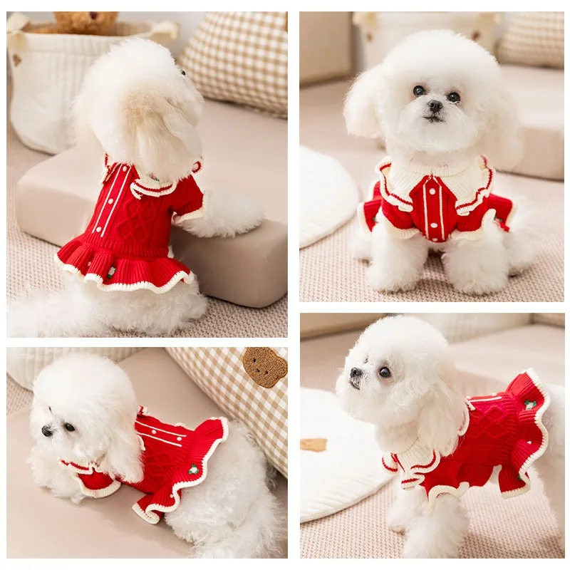 Ropa navideña de invierno para mascotas, falda, suéter cálido, jersey, suéter de princesa, ropa para perros, vestido de peluche de flores bordadas de punto - imagen 3