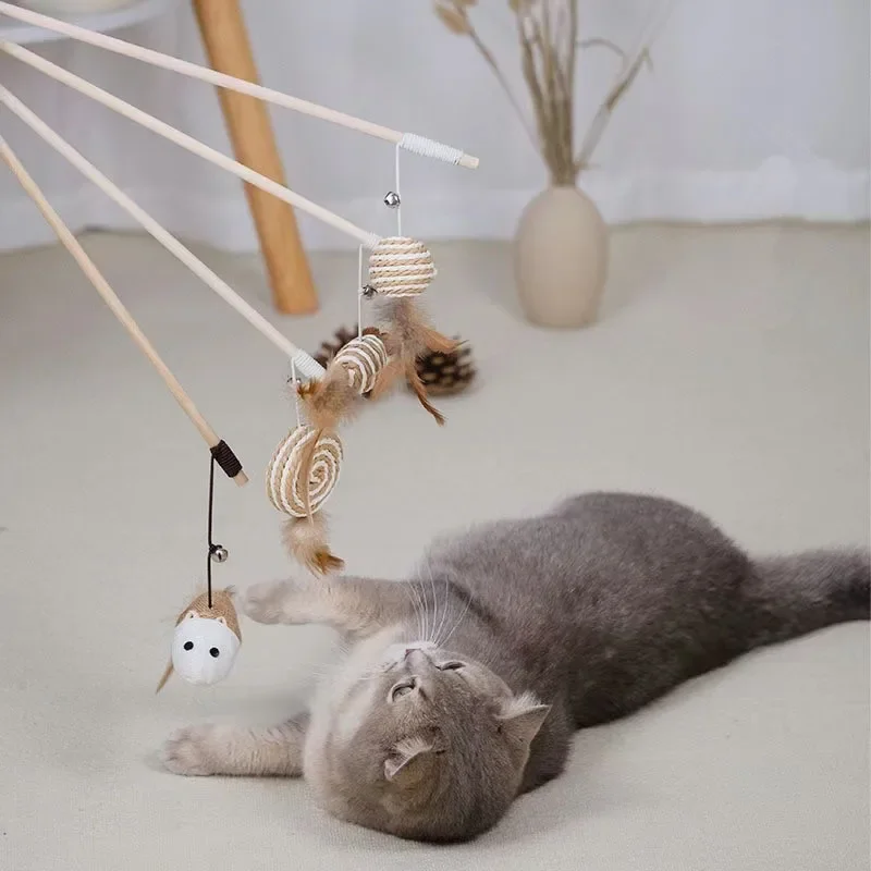 Varita con ratones, plumas y bolas para gatos – Juguetes interactivos