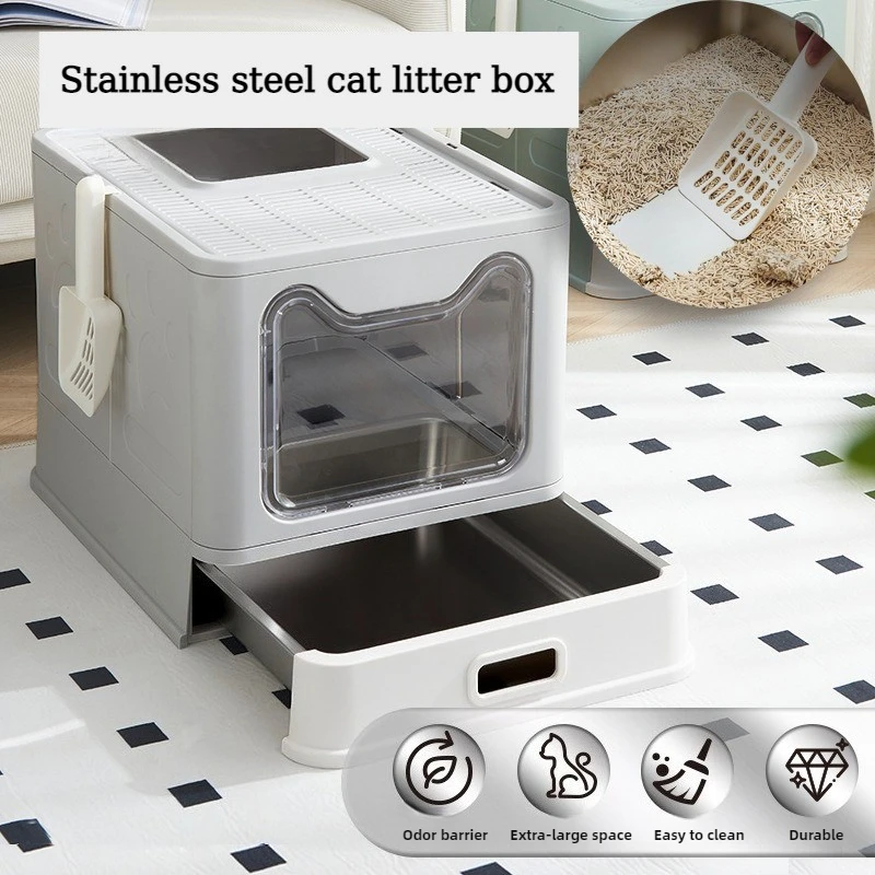Caja de arena para gatos de acero inoxidable, totalmente cerrada, plegable, cajón grande, antisalpicaduras, desodorizante, inodoro para gatos, fácil de limpiar
