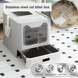 Caja de arena para gatos de acero inoxidable, totalmente cerrada, plegable, cajón grande, antisalpicaduras, desodorizante, inodoro para gatos, fácil de limpiar