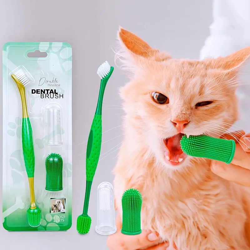 Juego de cepillos dentales doble cabezal para perros y gatos