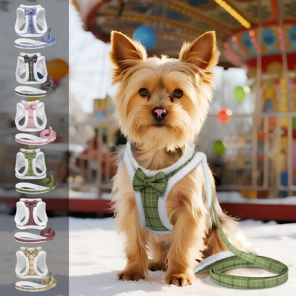 Arnés de perro cálido para invierno, conjunto de correa, arnés acolchado de piel suave para perro, chaleco sin tirones, arnés ajustable para mascotas con correa de plomo, bonito lazo
