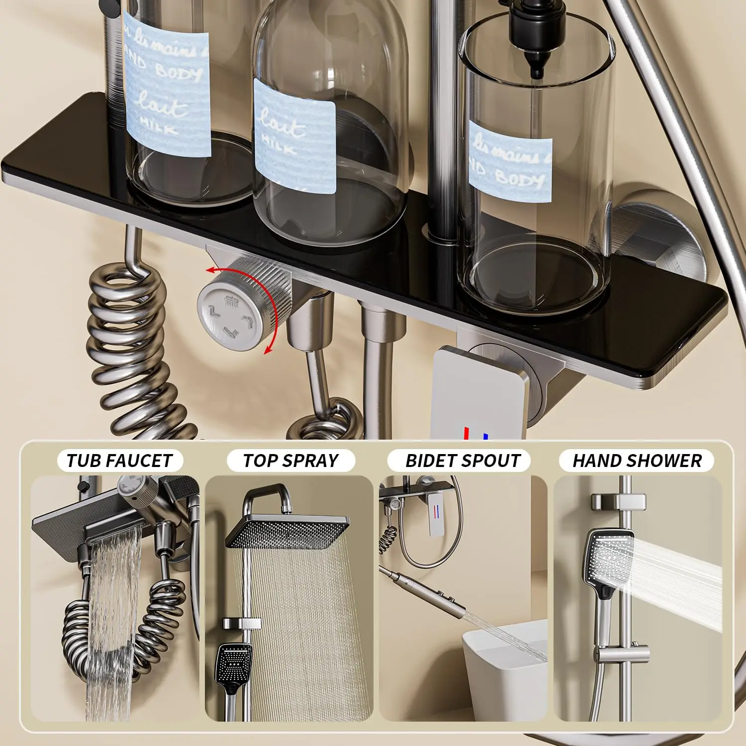 Juego completo de grifo de ducha de baño, ducha de lluvia con grifo negro, ducha de mano, pistola de ducha y grifo de bañera - imagen 2