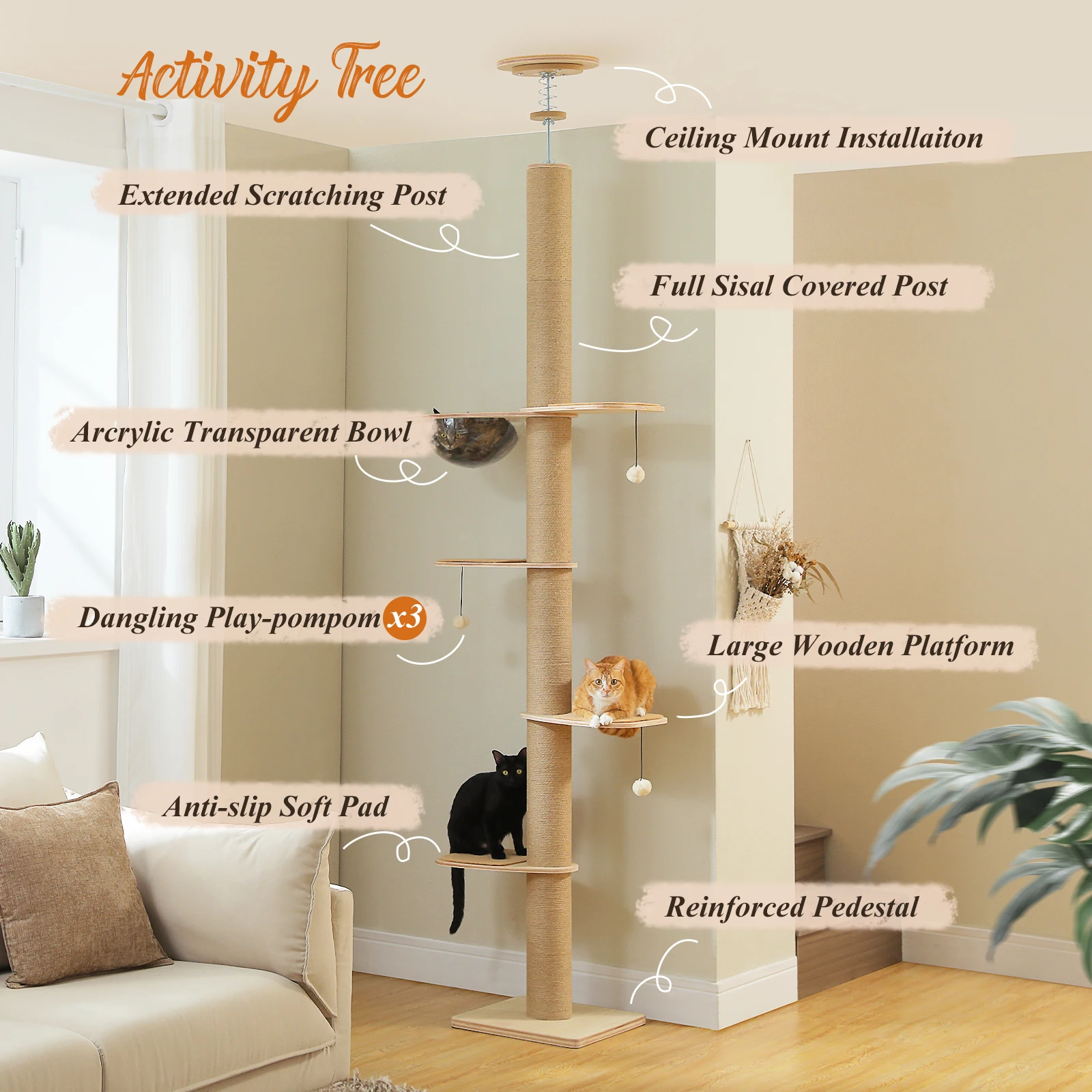 Árbol para gatos techo suelo altura ajustable poste cueva acrílico - imagen 2