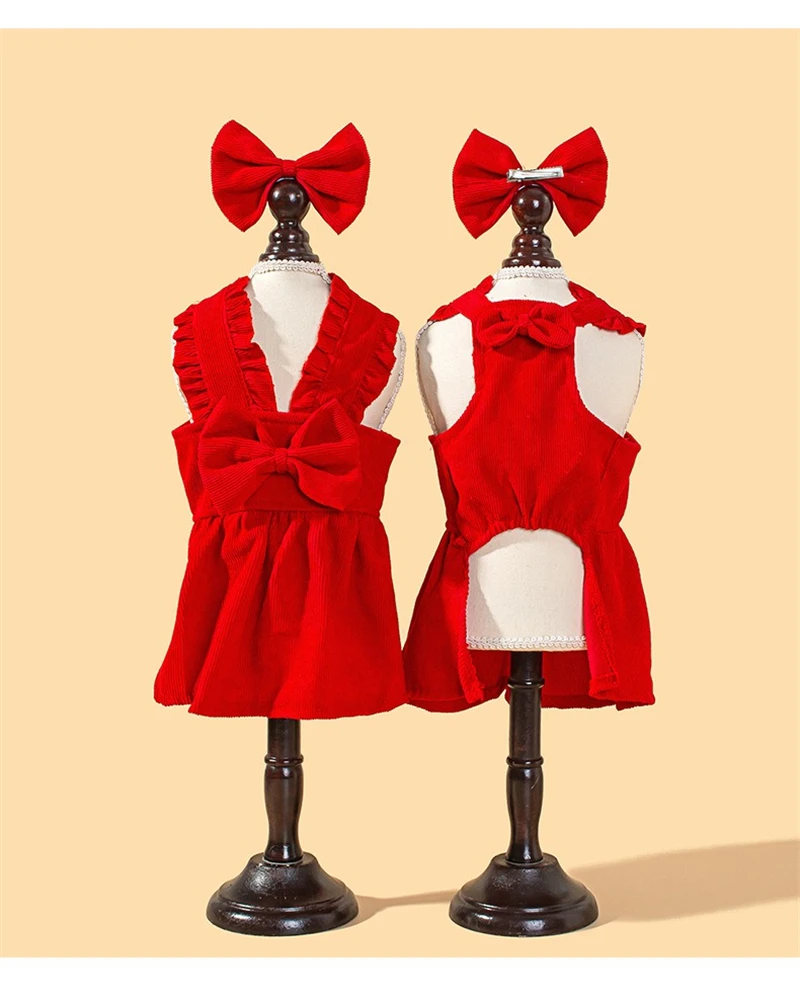 Corduroy Winter Vest Dress for Chihuahua Solid Red New Year Small Medium Puppy Clothing Lovely Bow Knot Princess Cat Overalls - imagen 3