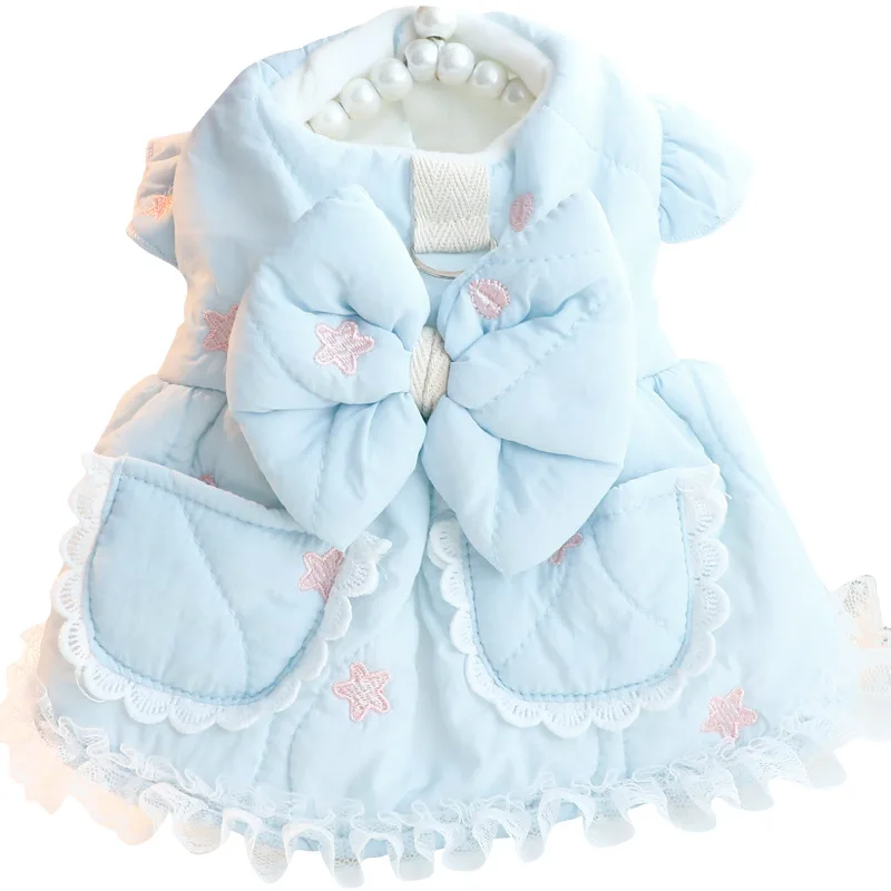 Ropa gruesa de algodón para mascotas, vestido de princesa bordado para perros y gatos con lazos para perros pequeños, Bichon, Teddy Schnauzer, invierno - imagen 5