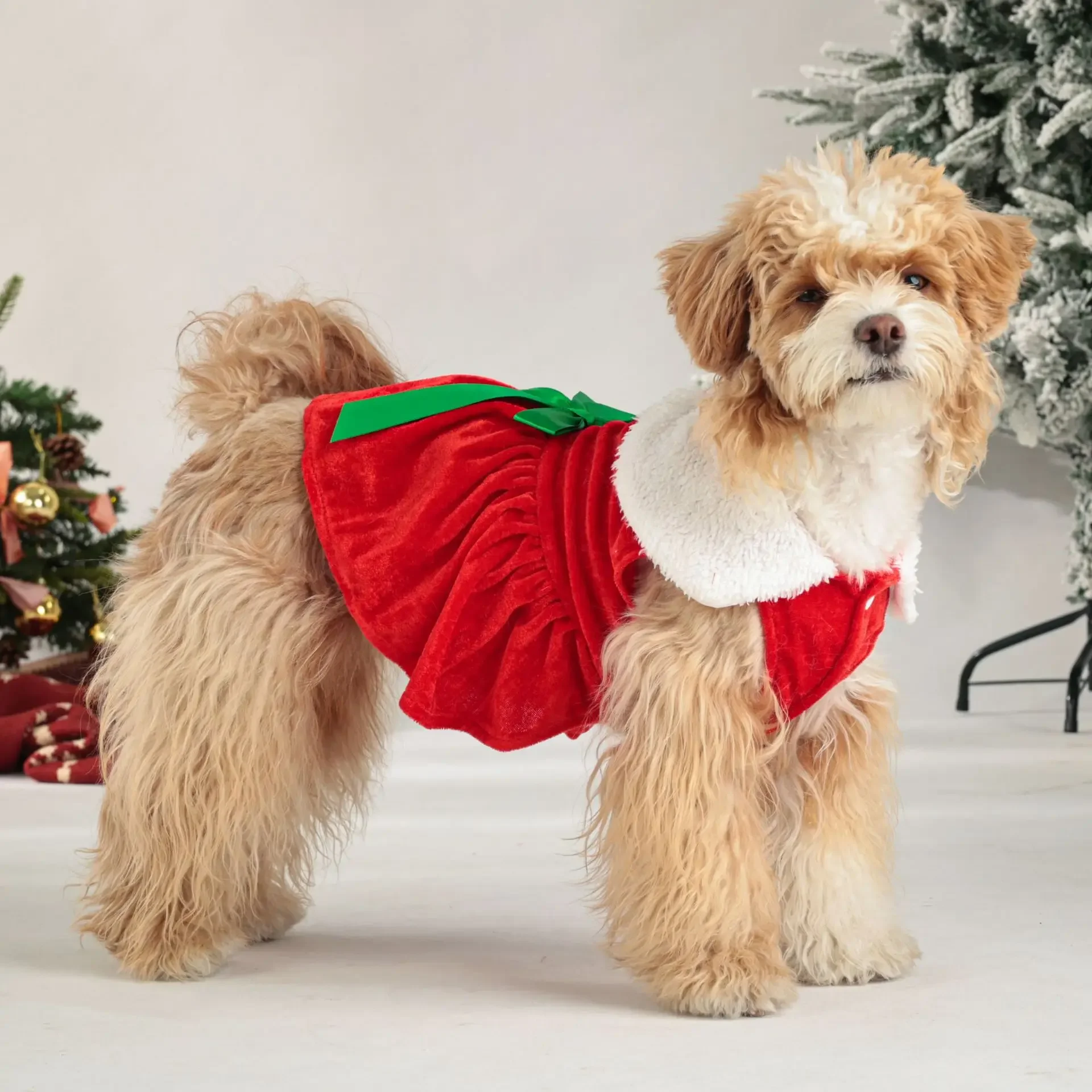 Traje festivo para mascotas para perros pequeños y medianos Vestido navideño de terciopelo para perros con cuello peludo, - imagen 4