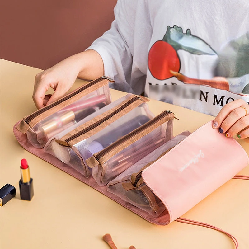 Bolsa de cosméticos 4 Uds en 1 para mujer, bolsa de cosméticos separable de malla con cremallera, bolsa de nailon plegable para mujer, bolsa de almacenamiento de brochas de maquillaje de cuerda - imagen 3