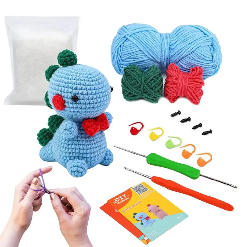 Kit de ganchillo de dinosaurio para principiantes, manualidades de bricolaje, juego de manualidades de dinosaurio de dibujos animados suaves, muñecas de tejer de dinosaurio lindas educativas, regalos - imagen 4