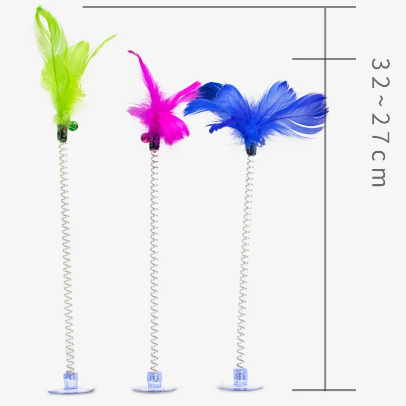 Juguetes de pluma para gatos, ventosa interactiva para morder, rascar, juguete con campana, resorte Flexible, palo, suministros para mascotas - imagen 3