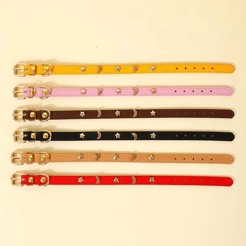 Collar bonito para gatos, collares de cuero suave para mascotas para perros pequeños, gatitos, cachorros, accesorios para gatos, remaches de estrella y Luna, decoración XS-M - imagen 4