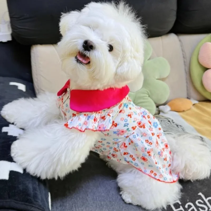 Vestido con estampado de flores para perro, chaleco con solapa a la moda para perro, ropa fina de verano para cachorros, falda de princesa para gato con manga voladora, disfraces para mascotas Chihuahua - imagen 4