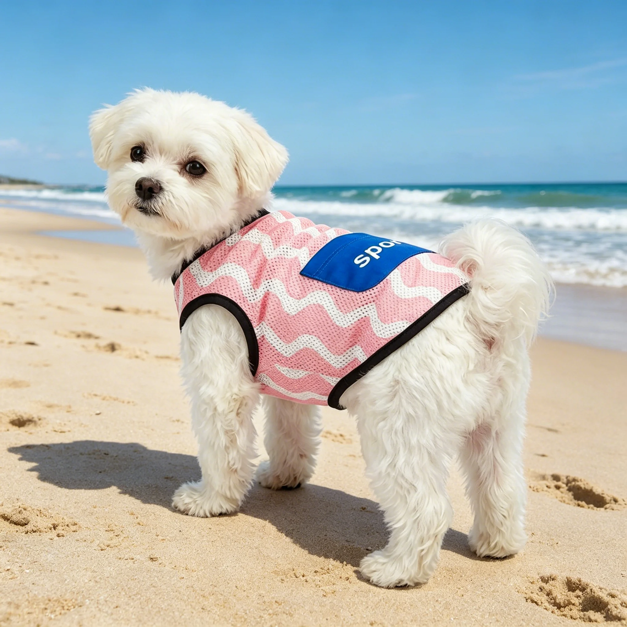 Chaleco malla transpirable para gatos y perros – Estampado ondas azul