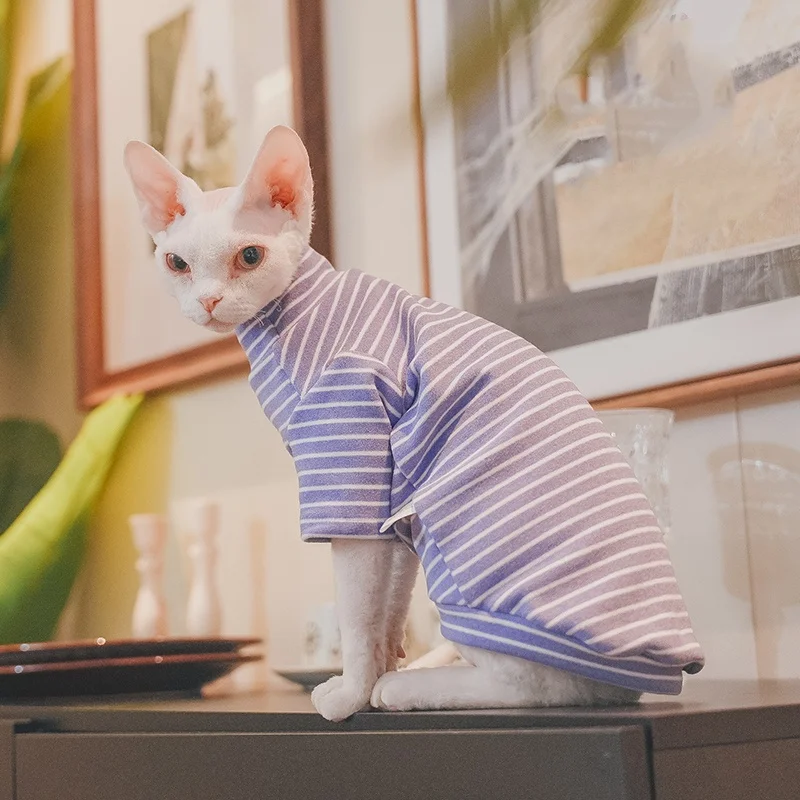 Camiseta interior de rayas de manga larga para gatitos en otoño Abrigo de algodón cálido y grueso para gato sin pelo Mono suave para Devon Rex en invierno Sudadera suave para gato esfinge en primavera - imagen 5