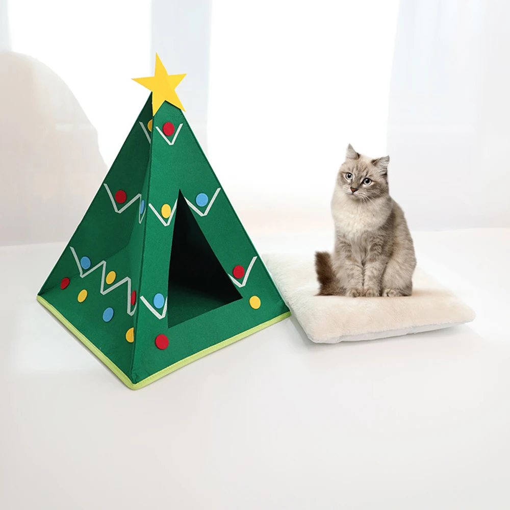 Cama de fieltro cálida para gatos, nido con forma de árbol de Navidad, cama cómoda, cueva para gatos, gatitos, cachorros, suministros para mascotas, otoño e invierno, 1 ud. - imagen 5