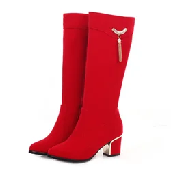 Botas altas aterciopeladas negro rojo para mujer