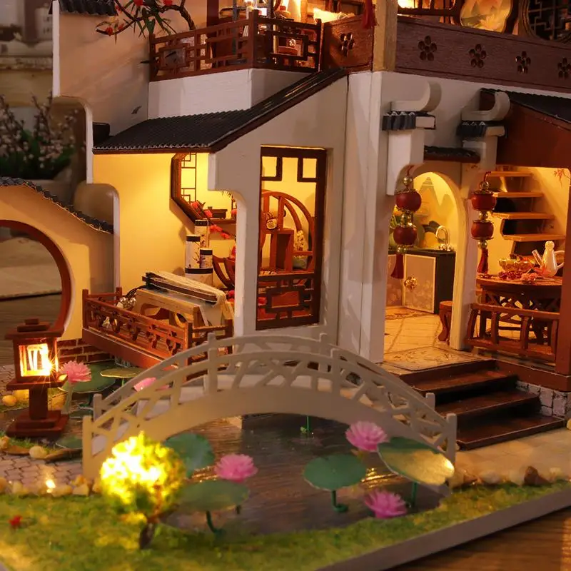 Kit de casa en miniatura para niños y adultos, modelo de patio chino con LED a escala 1:24, juguete de habitación DIY, regalo de cumpleaños y Navidad perfecto - imagen 2