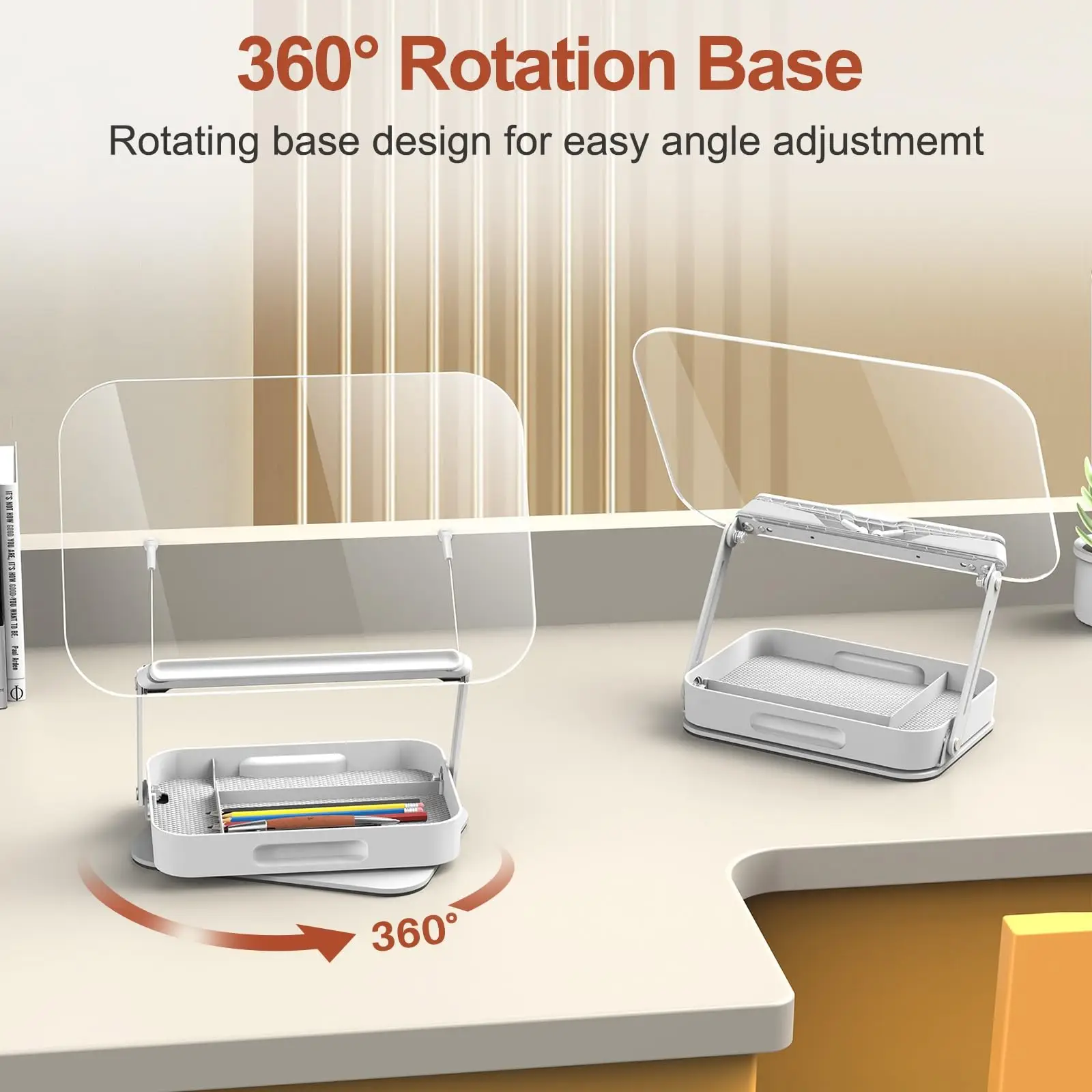 Soporte de acrílico para libros con almacenamiento, soporte ajustable para libros para leer con 360 °   Bases giratorias, soporte elevador de escritorio plegable - imagen 5