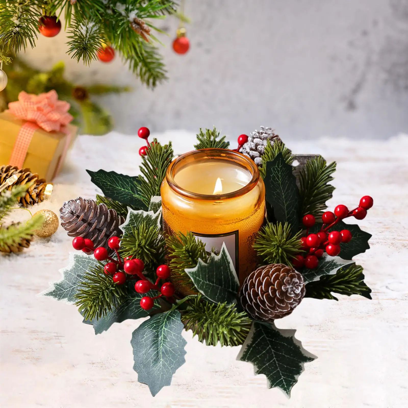 2xCandlestick Holder Pine Needle Garland Wedding Christmas Candle Ring Wreath