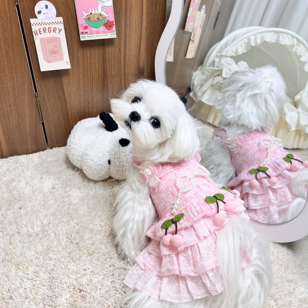 Vestido cereza punto sin mangas para perros y gatos pequeños