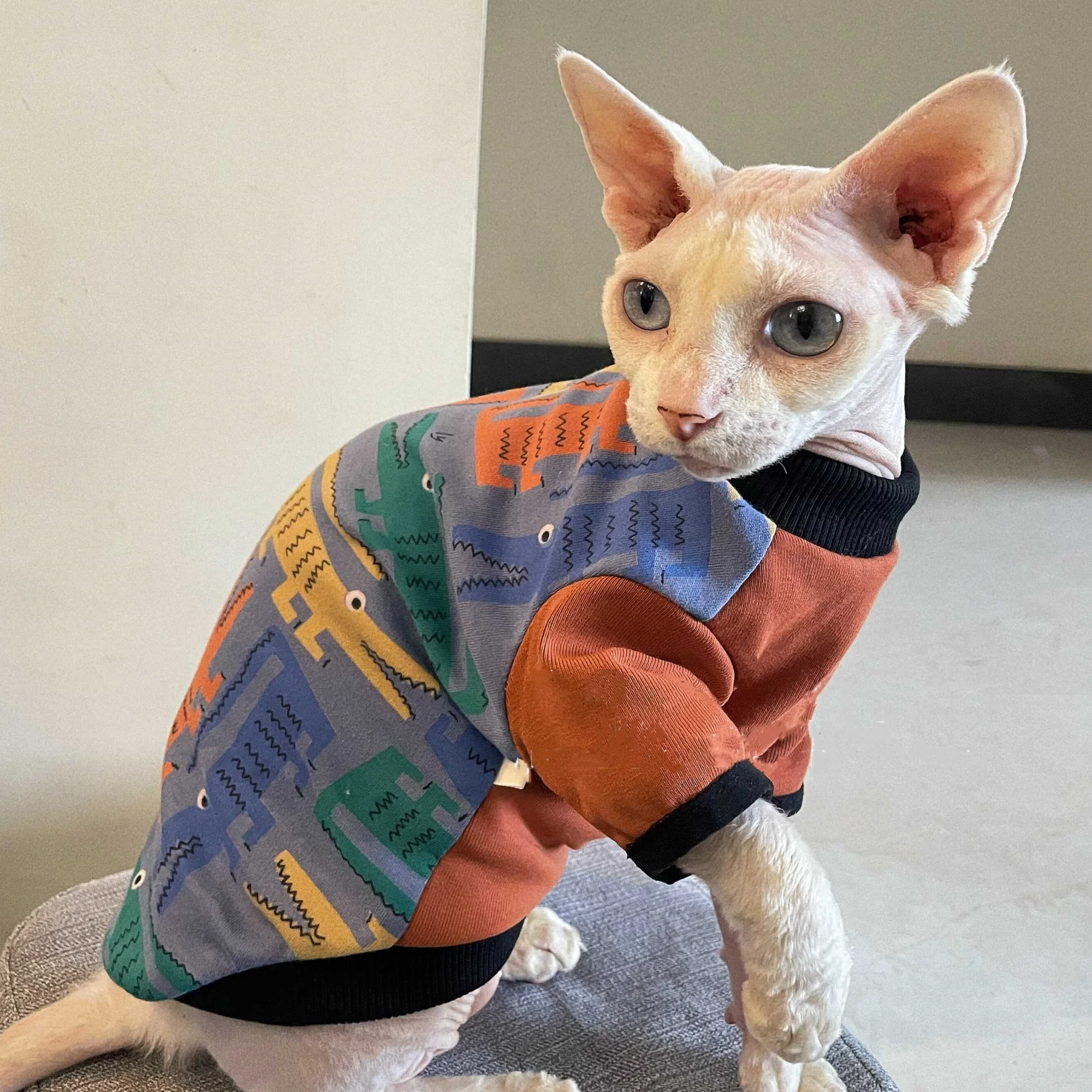 Sudadera suave para gato Sphynx y Devon Rex – Jersey de algodón roja y azul