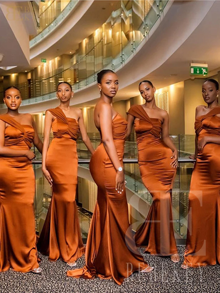 BEBEKEY-vestido de dama de honor de satén naranja quemado, vestidos formales personalizados de un hombro para bodas, invitados, vestido de fiesta de boda