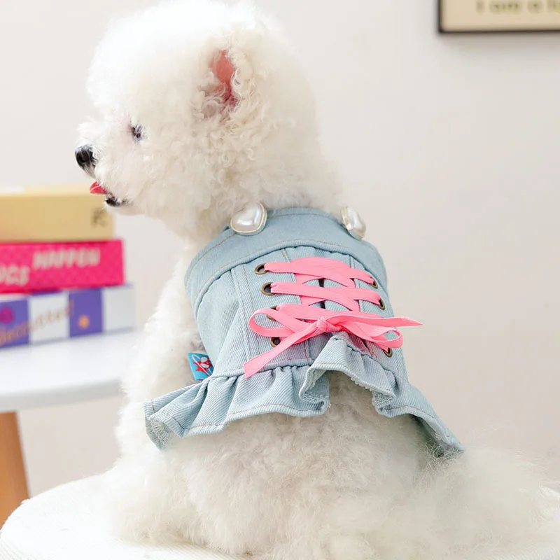 Ropa de lujo para perros, vestidos de tirantes vaqueros para niñas, color azul claro, para perros pequeños, Yorkie, Chihuahua, disfraz para mascotas, cachorro, vestido femenino, falda XS - imagen 3