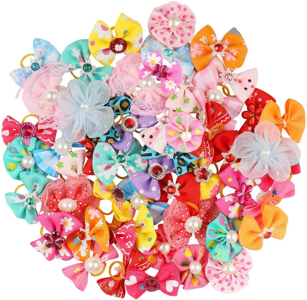 20/50/100 unids/set flor para el pelo de perro, lazos para el pelo de perro, accesorios de perlas de diamantes de imitación para mascotas, bandas elásticas para el pelo de perro, lazos decorativos para gatos - imagen 2