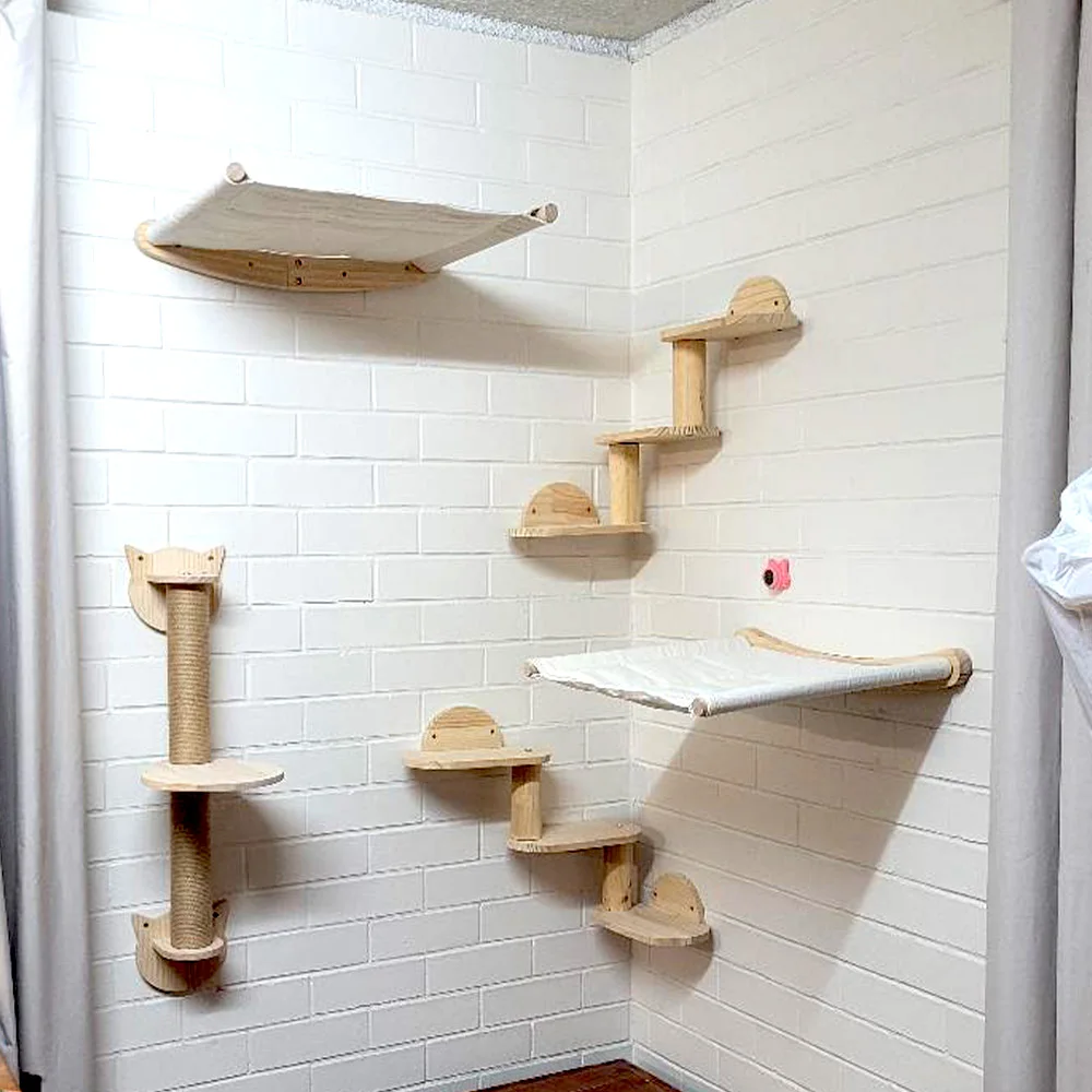 Centro de actividades de pared de madera para gatos, estantes flotantes, escalones para rascar, hamaca colgante y percha, muebles de pared para gatos para escalar y descansar - imagen 5