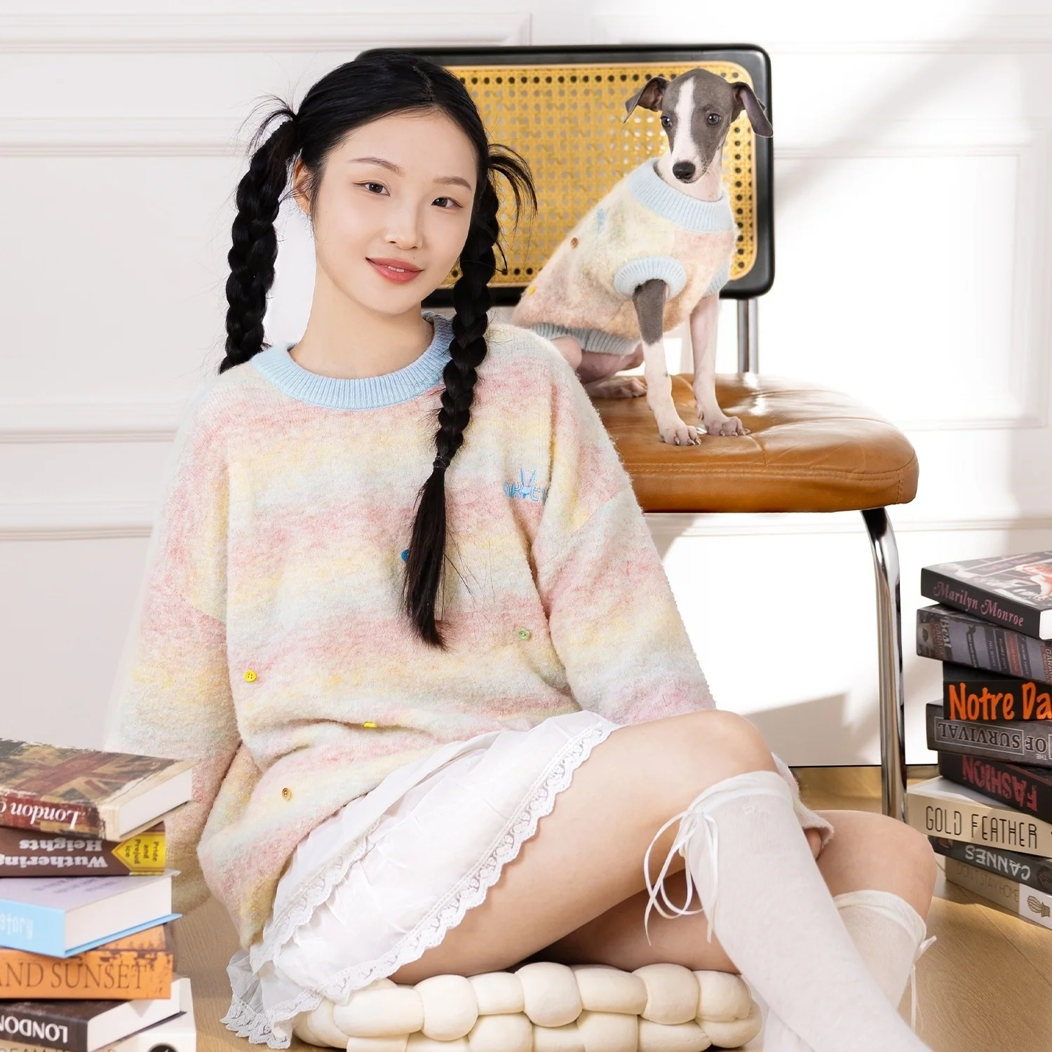 Ropa para perros y dueños, chaleco de punto a rayas para perros de compañía con suéter humano, prendas de punto de arcoíris para mascotas, suéteres a juego para perros y propietarios - imagen 2