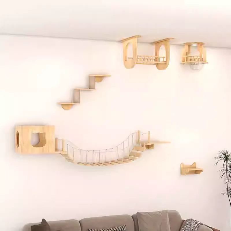 Estantes de madera montados en la pared para gatos, muebles para saltar, árbol trepador para gatos, poste rascador, hamaca, escaleras, juego, marco de escalada - imagen 3