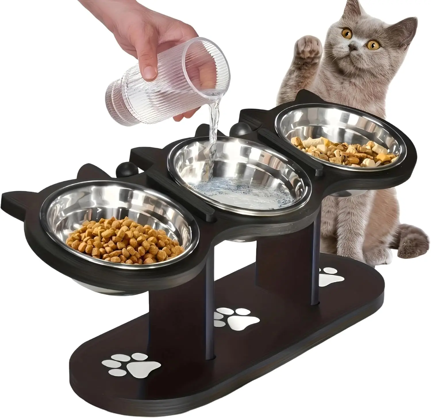 Comedero elevado para gatos con diseño inclinado y doble tazón
