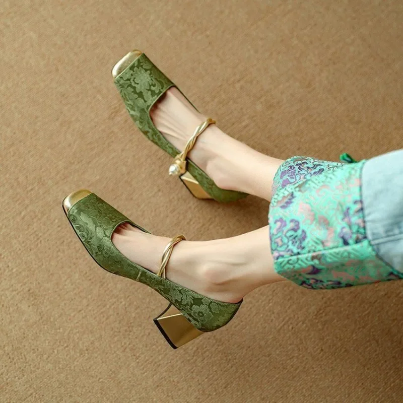 Zapatos de tacón con punta cuadrada para mujer, zapatos de tacón grueso informales para exteriores, colores mezclados poco profundos, para oficina, Cheongsam, otoño - imagen 2