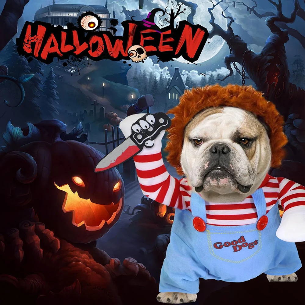 Disfraz de perro muñeca mortal para mascotas, divertido disfraz de Halloween, traje de Chucky para perros pequeños, medianos, gatos, cachorros, vestido de fiesta, ropa fresca - imagen 5