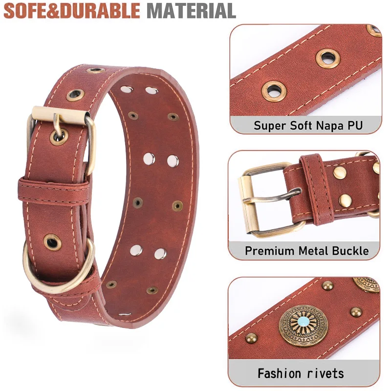 Collares para perros grandes y medianos con remache, Collar para perros con tachuelas ajustables, Collar ancho de cuero PU con pinchos Vintage - imagen 5