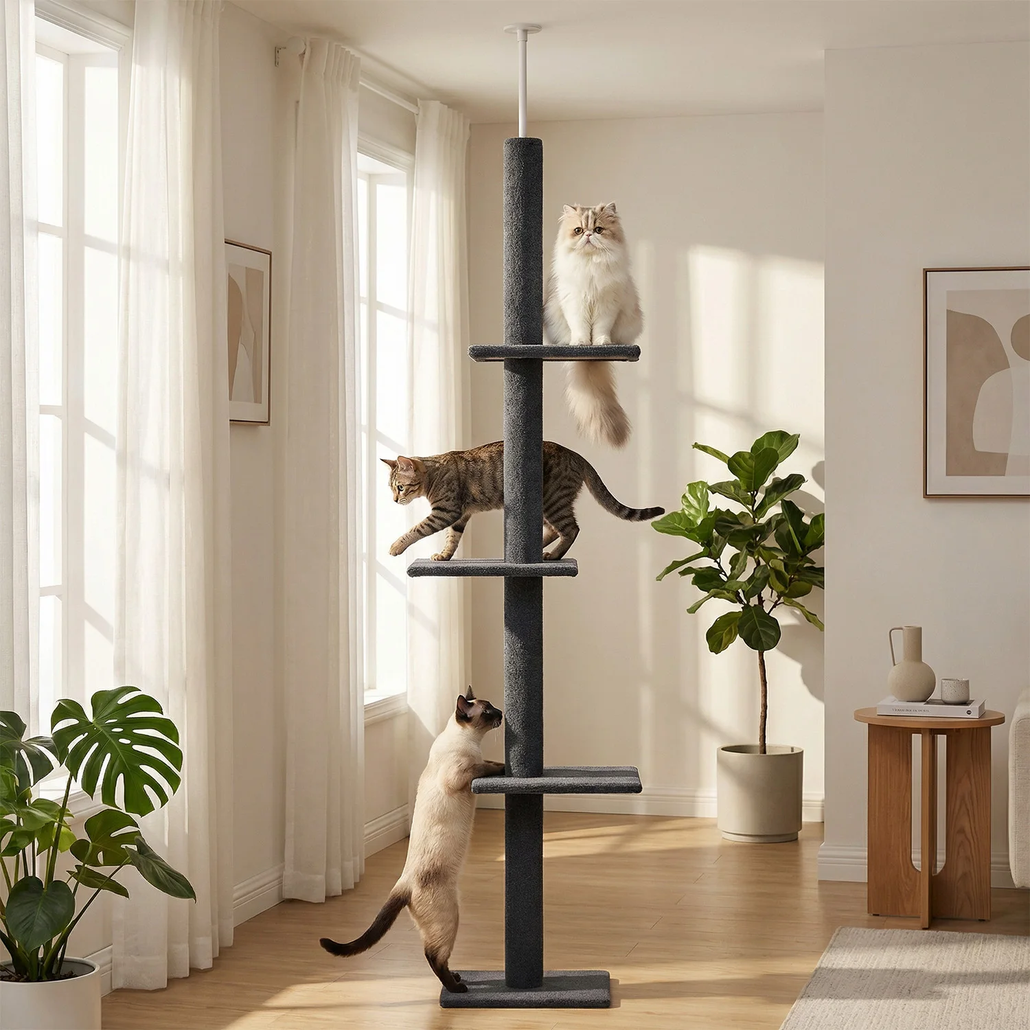 Árbol para gatos alto ajustable 228-273 cm, 4 postes y 3 plataformas