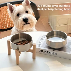 Tazón para gato con marco de acero inoxidable y madera, gran capacidad