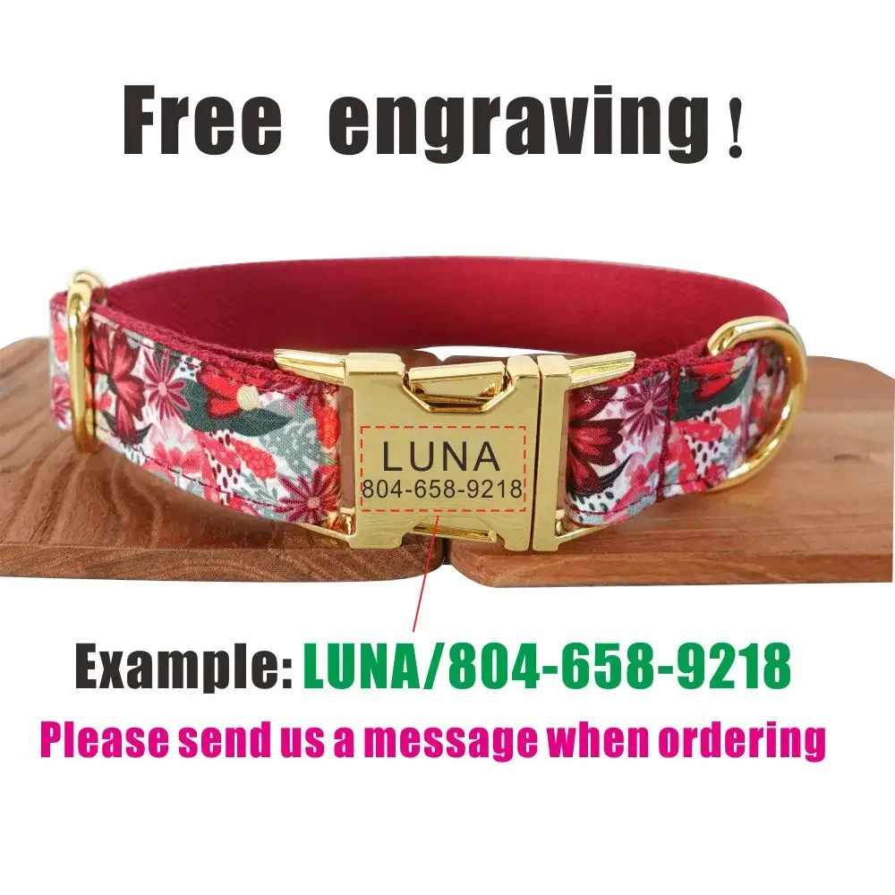 Collar de perro personalizado con grabado gratuito, correa para mascotas a juego, hebilla de Metal de contactos personalizados, Collar para mascotas de flores rojas - imagen 4
