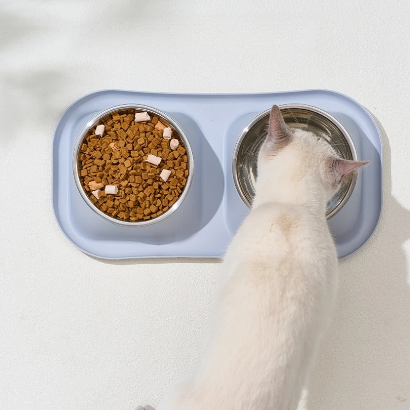 Cuenco doble elevado a prueba de desorden para mascotas, alimentador de agua y comida inclinado de acero inoxidable con base antideslizante para perros y gatos - imagen 5
