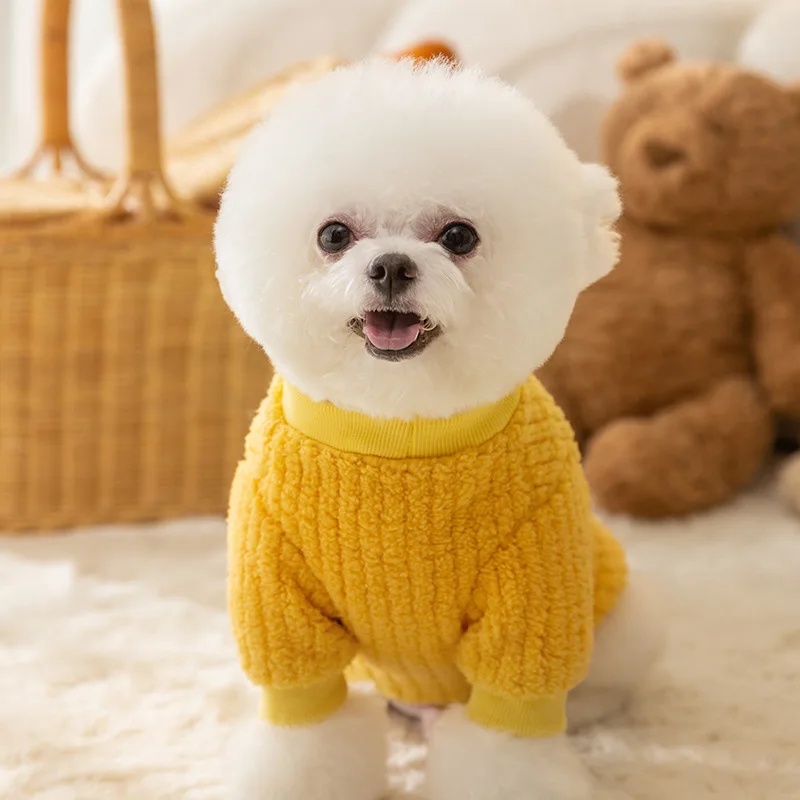 Ropa a cuadros amarilla bonita, ropa cálida de lana para mascotas, ropa de invierno para perros, ropa de algodón gruesa para perros pequeños, ropa con botones abiertos - imagen 3