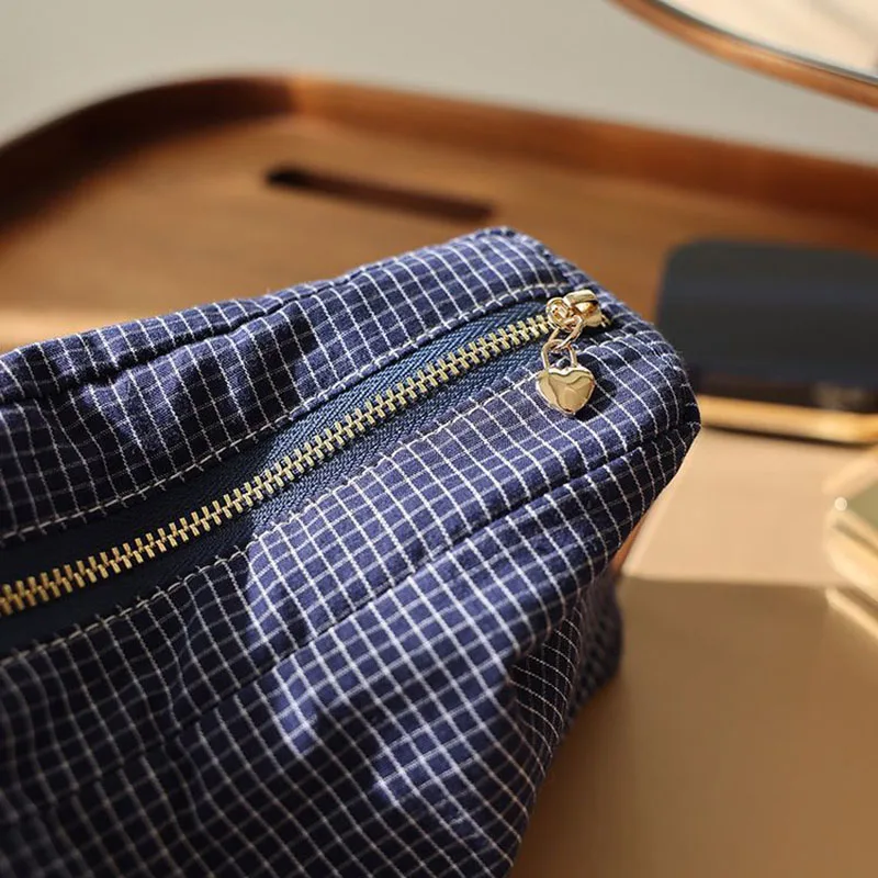Bolsa de cosméticos de tela a rayas a cuadros, bolsa de almacenamiento cuadrada tridimensional con cremallera, bolso portátil de viaje, bolsa de maquillaje con forro - imagen 5