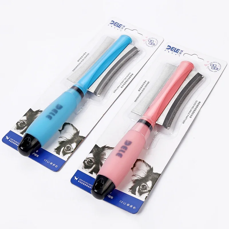 Peine para eliminar pelos de perro y gato, herramienta de aseo de doble propósito, azul y rosa, accesorios para mascotas - imagen 3