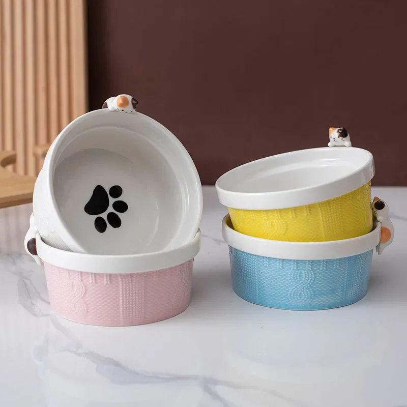 Cuenco doble para mascotas de dibujos animados, soporte alimentador de agua para comida de gato y perro, plato de cerámica elevado, mesa de madera, suministros para mascotas, cuencos para gatos - imagen 4